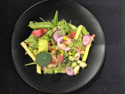 bright, colorful salad in a black bowl from above